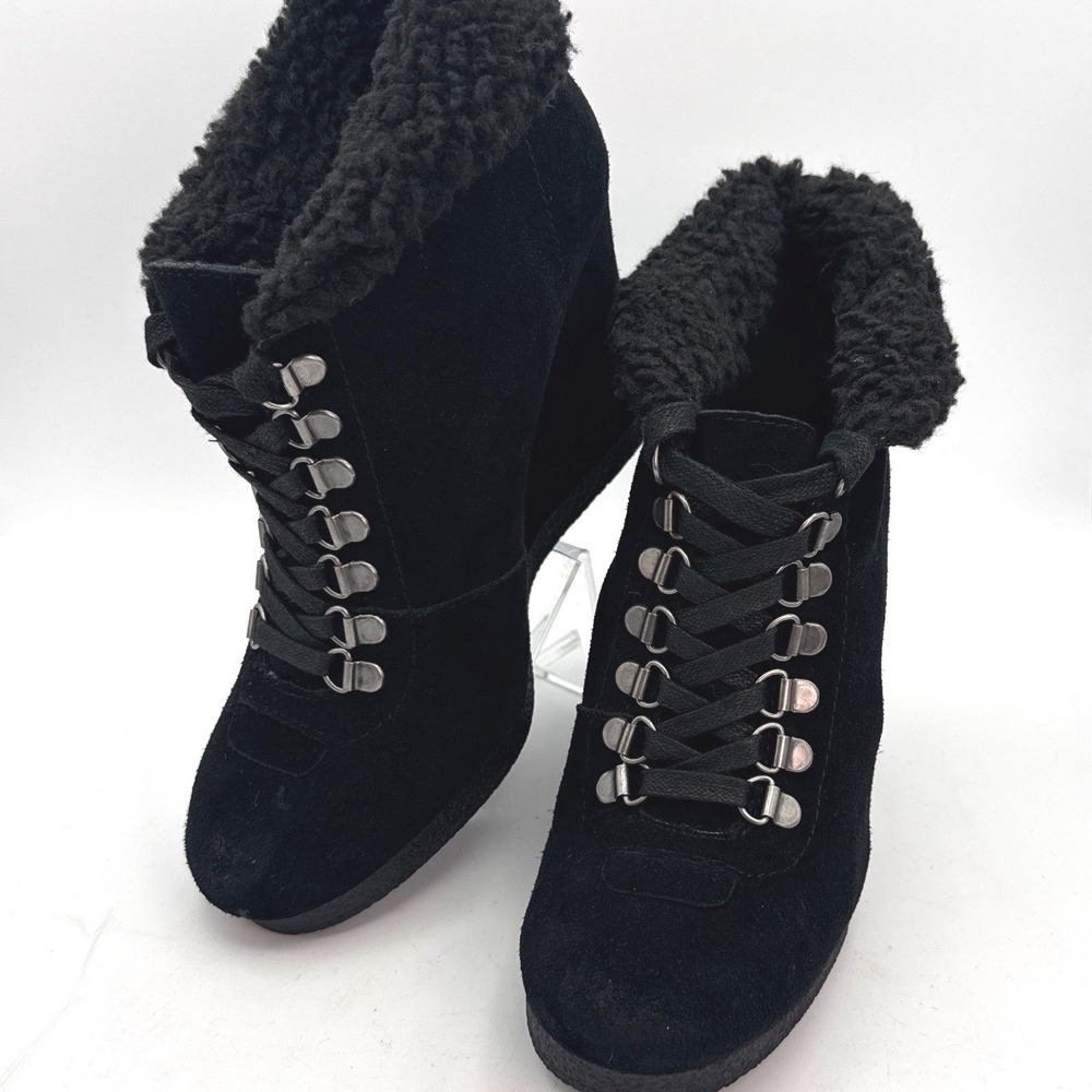 Nine West Vintage America Black Suede Sherpa Wedge Hiker Booties Womens 9M
